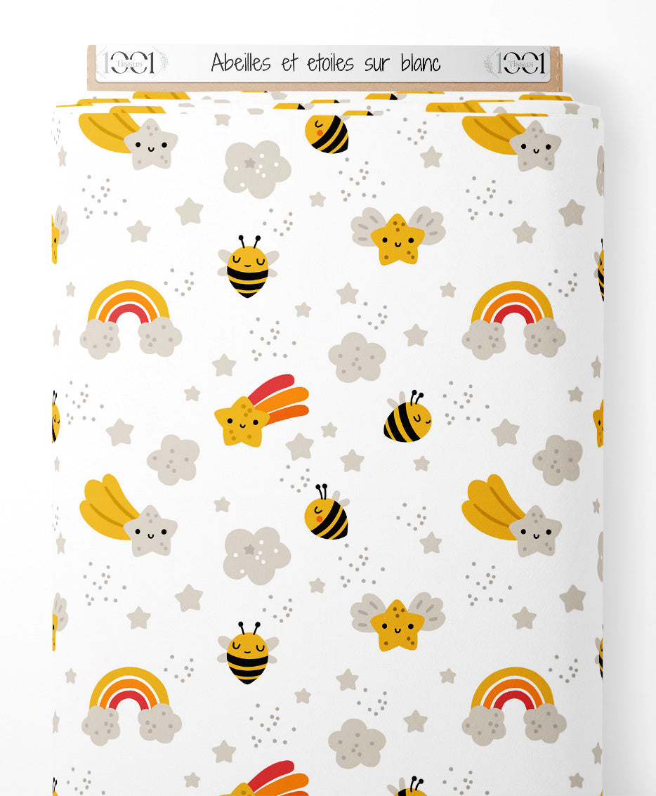 Tissu - Abeilles et étoiles sur blanc