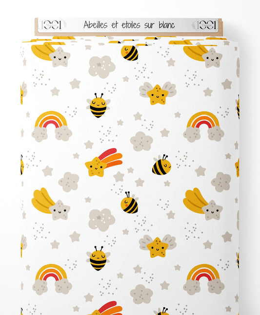 Tissu - Abeilles et étoiles sur blanc