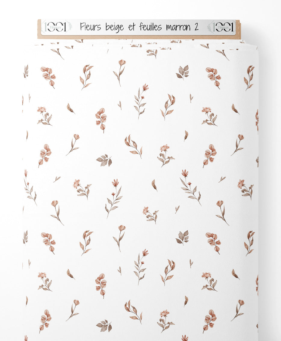 Tissu - Fleurs beige et feuilles marron 2