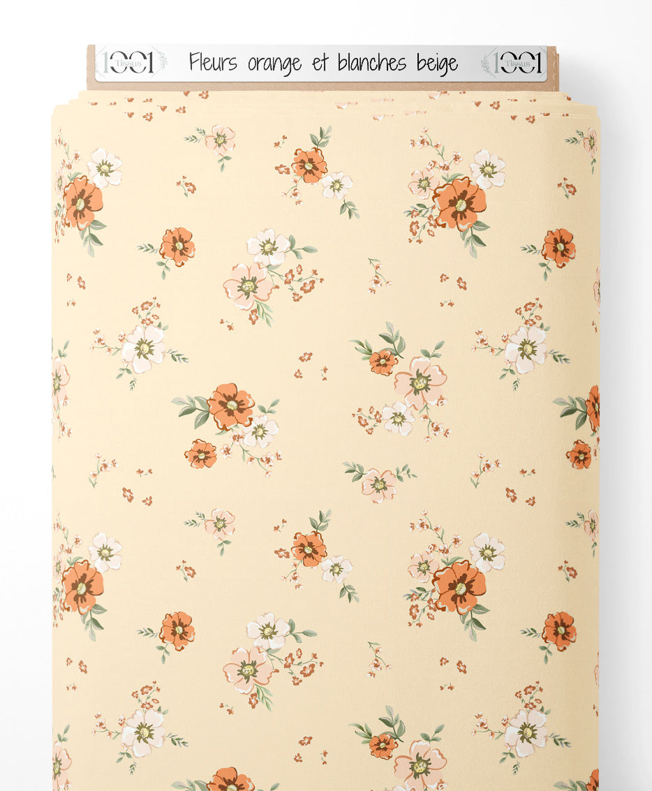 Tissu - Fleurs orange et blanches beige