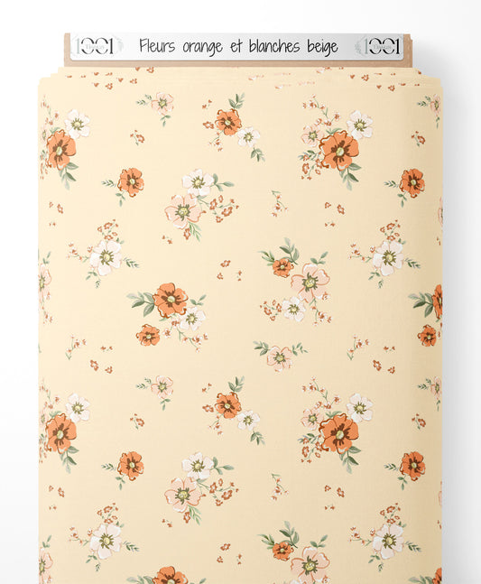 Tissu - Fleurs orange et blanches beige