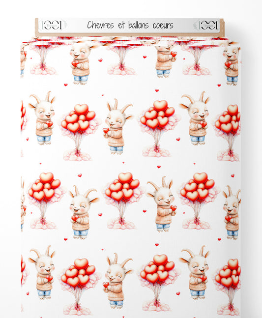 Tissu - Chèvres et ballons cœurs