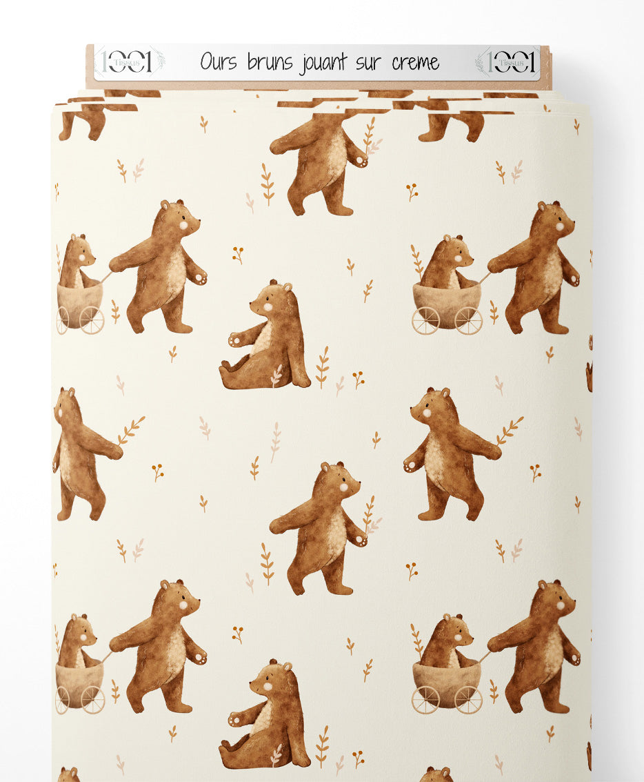 Tissu - Ours bruns jouant sur crème