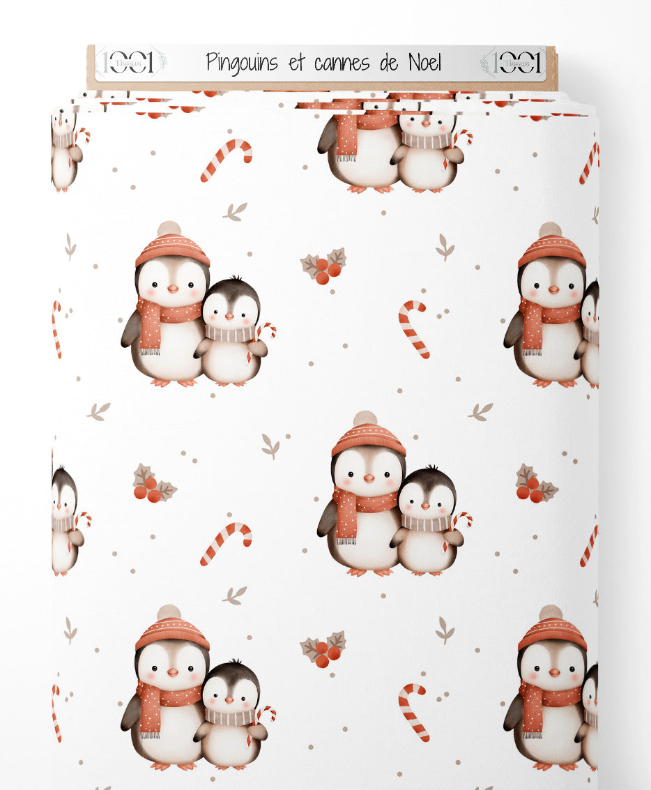 Tissu - Pingouins et cannes de Noël
