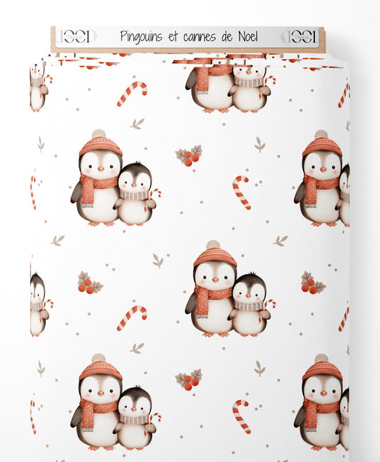 Tissu - Pingouins et cannes de Noël