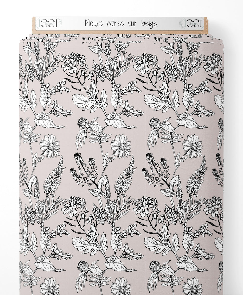 Tissu - Fleurs noires sur beige