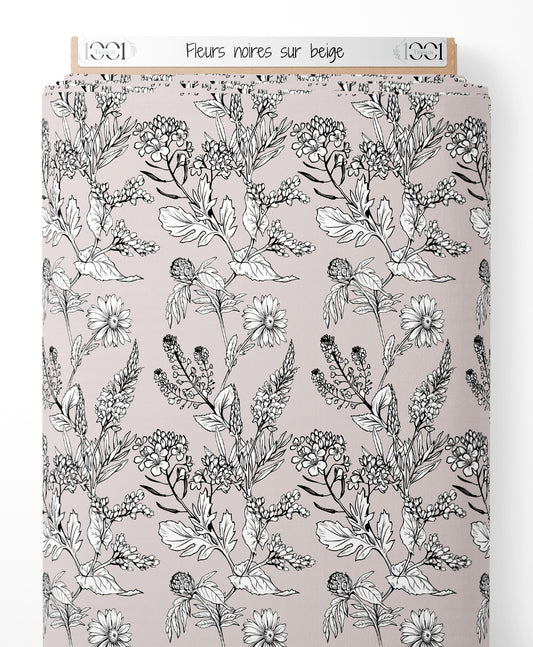 Tissu - Fleurs noires sur beige