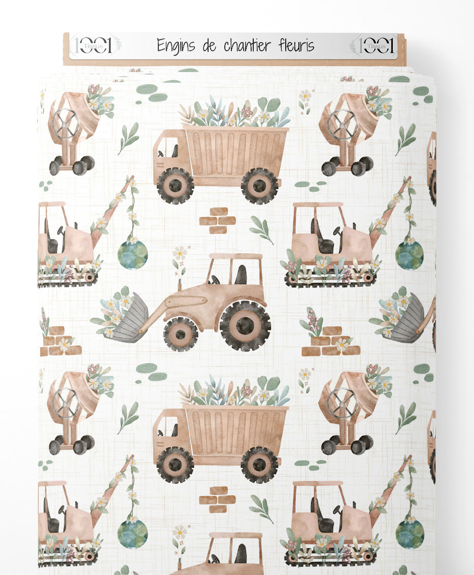 Tissu - Engins de chantier fleuris