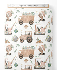 Tissu - Engins de chantier fleuris