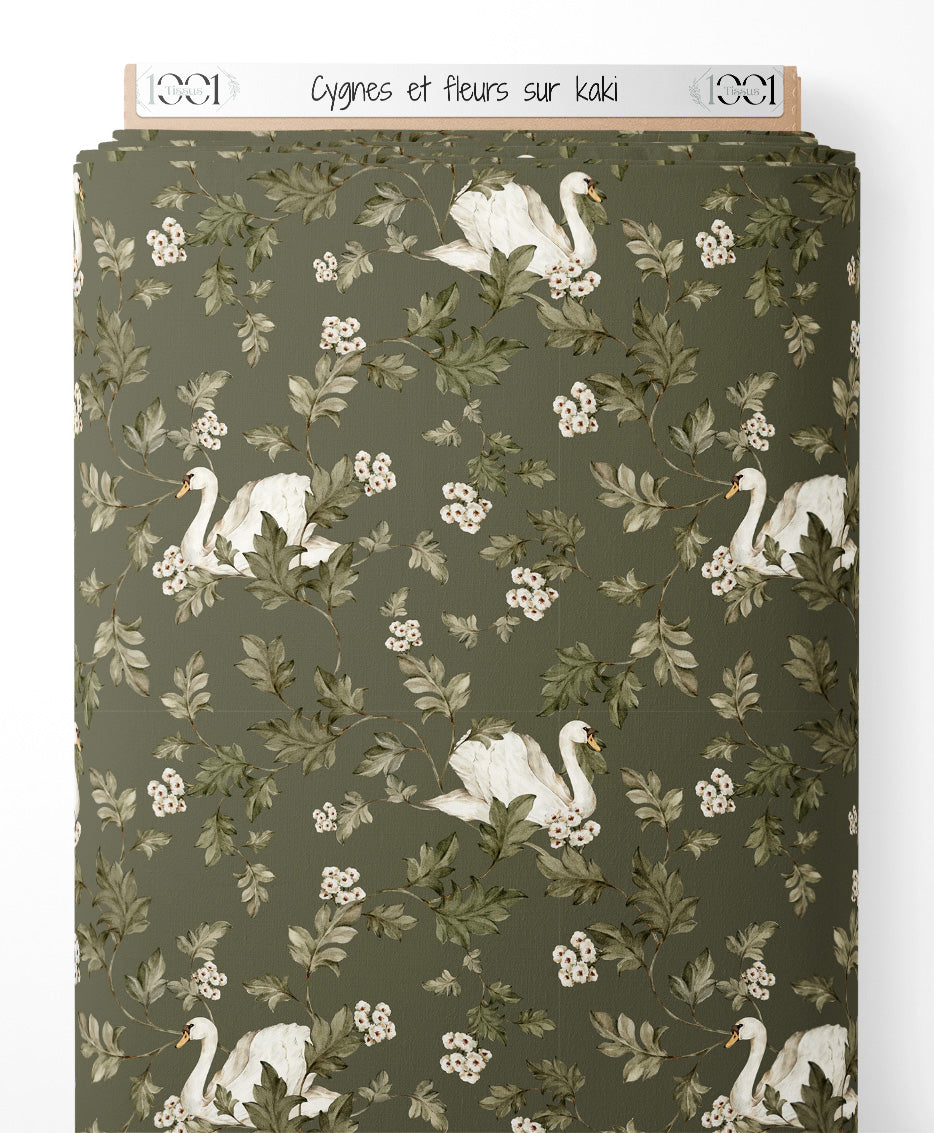 Tissu - Cygnes et fleurs sur kaki