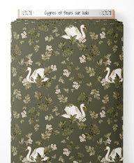 Tissu - Cygnes et fleurs sur kaki
