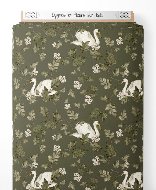Tissu - Cygnes et fleurs sur kaki