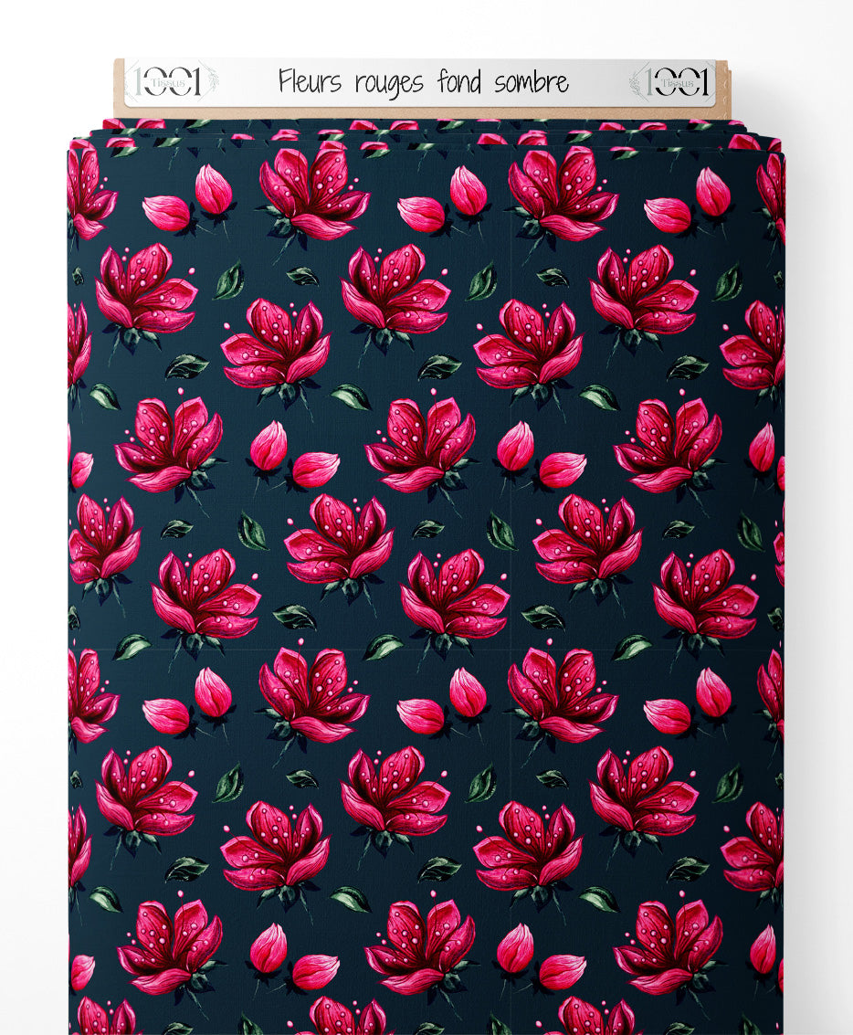 Tissu - Fleurs rouges sur fond sombre