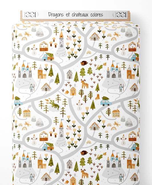 Tissu - Dragons et châteaux colorés