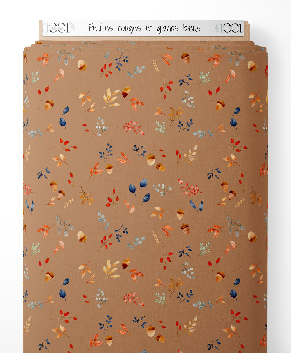 Tissu - Feuilles rouges et glands bleus