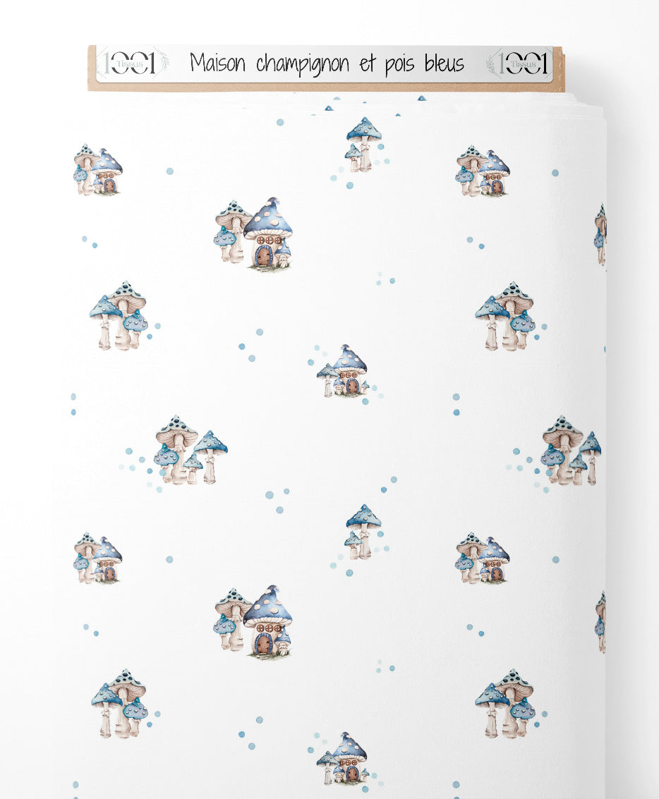 Tissu - Maison champignon et pois bleus