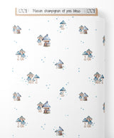 Tissu - Maison champignon et pois bleus