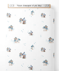Tissu - Maison champignon et pois bleus