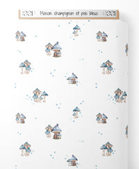 Tissu - Maison champignon et pois bleus