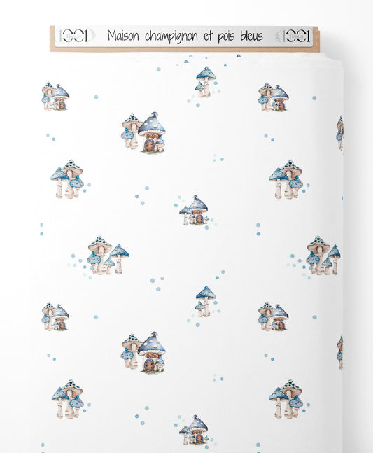 Tissu - Maison champignon et pois bleus