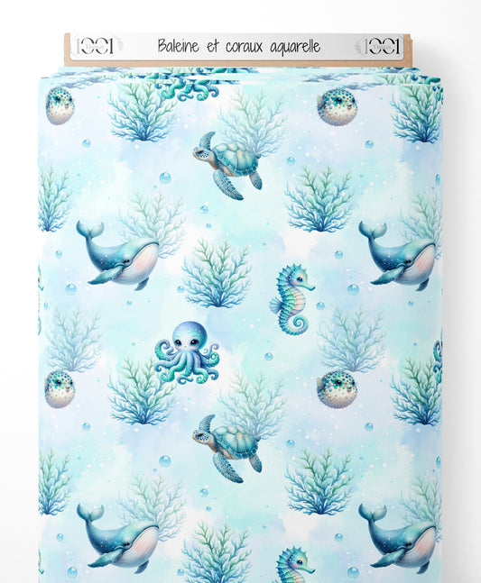 Tissu - Baleine et coraux aquarelle