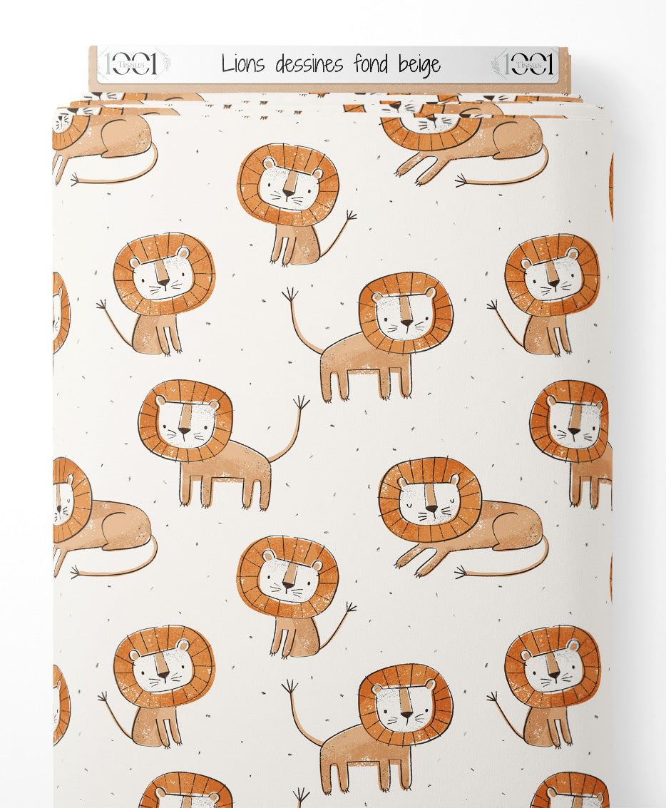 Tissu - Lions dessinés fond beige