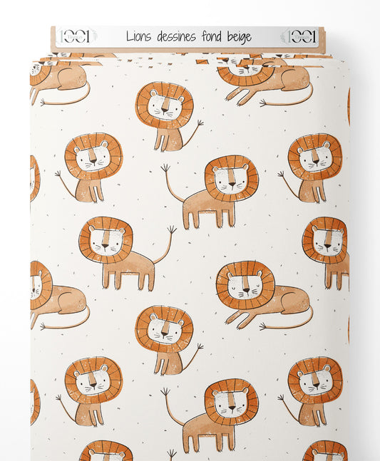 Tissu - Lions dessinés fond beige