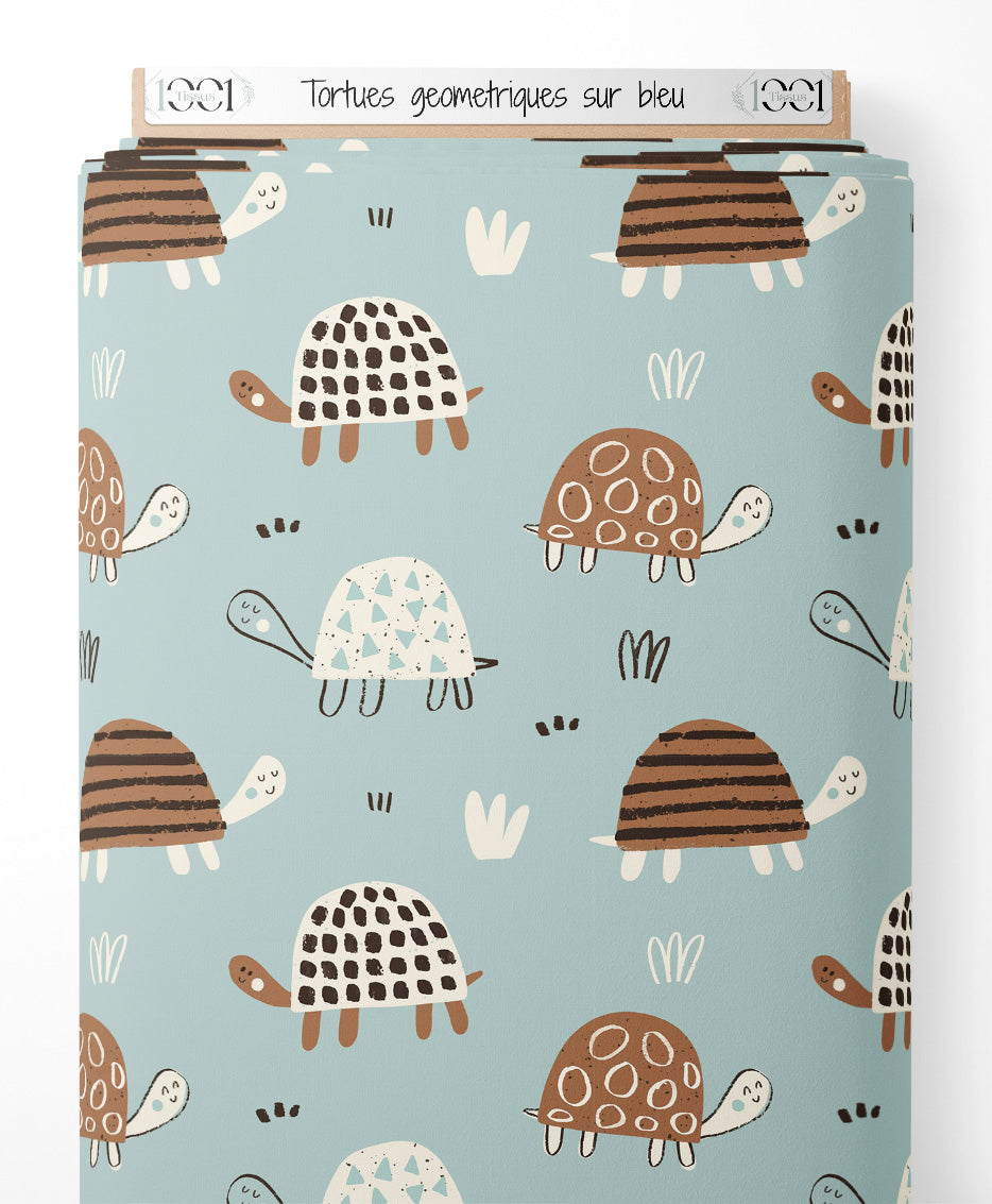 Tissu - Tortues géométriques sur bleu