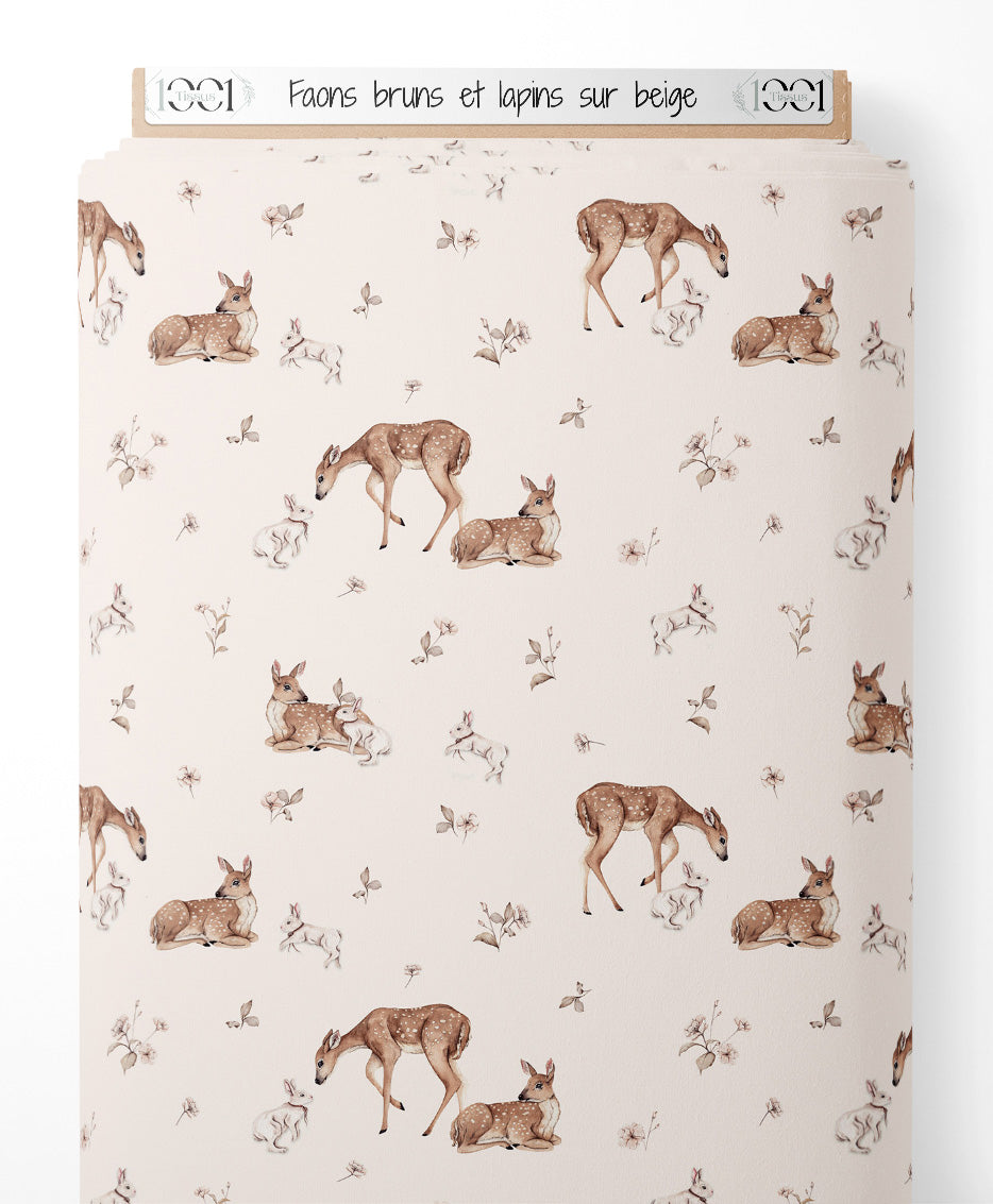 Tissu - Faons bruns et lapins sur beige