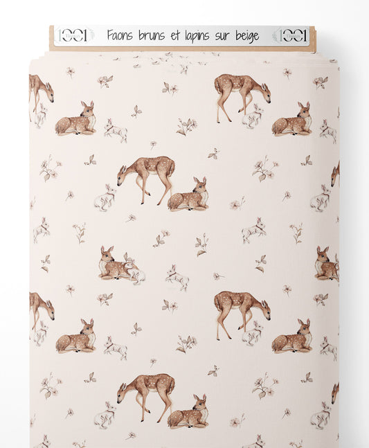 Tissu - Faons bruns et lapins sur beige