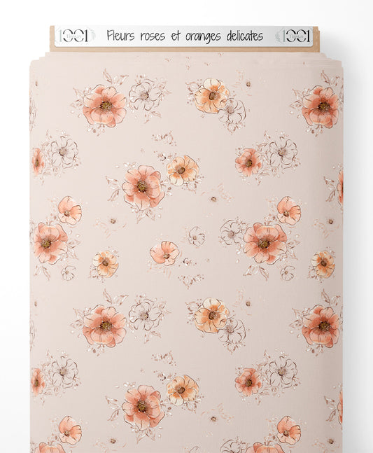 Tissu - Fleurs roses et oranges délicates