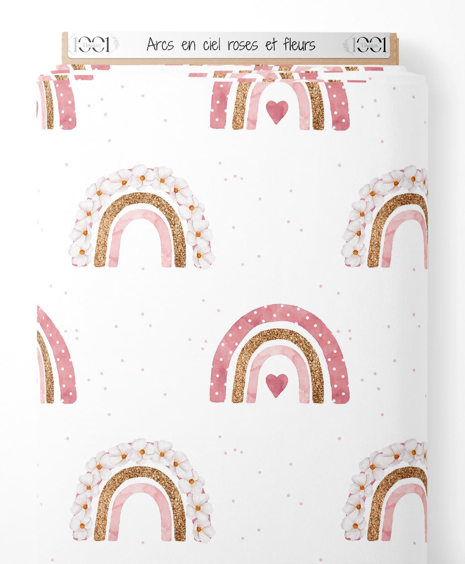Tissu - Arcs-en-ciel roses et fleurs
