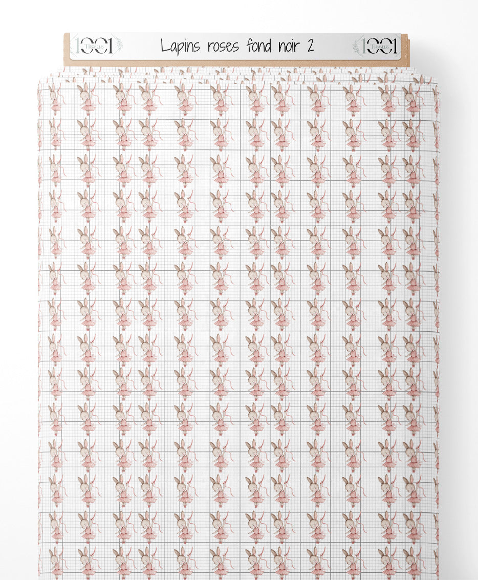 Tissu - Lapins roses sur fond noir 2