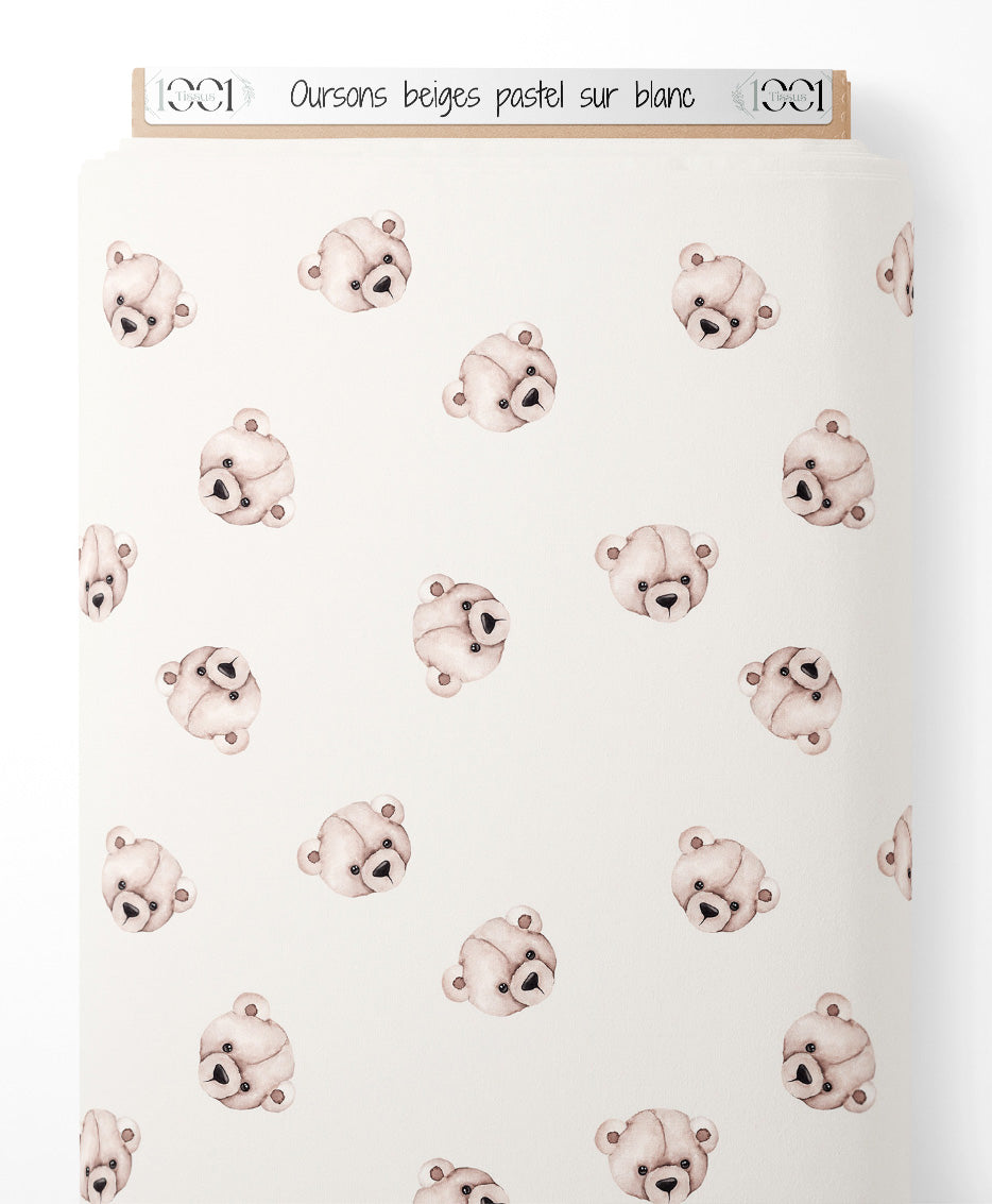 Tissu - Oursons beiges pastel sur blanc