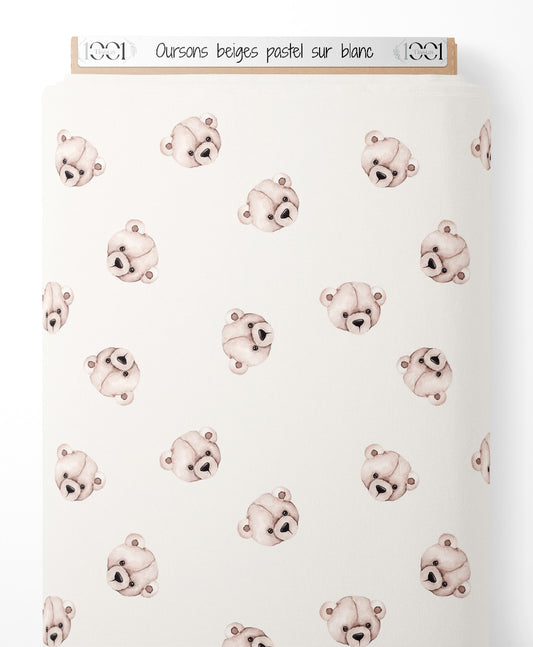 Tissu - Oursons beiges pastel sur blanc