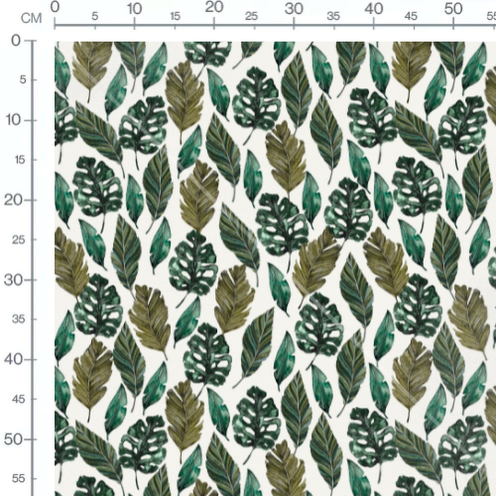 Tissu - Feuilles vert foncé sur blanc