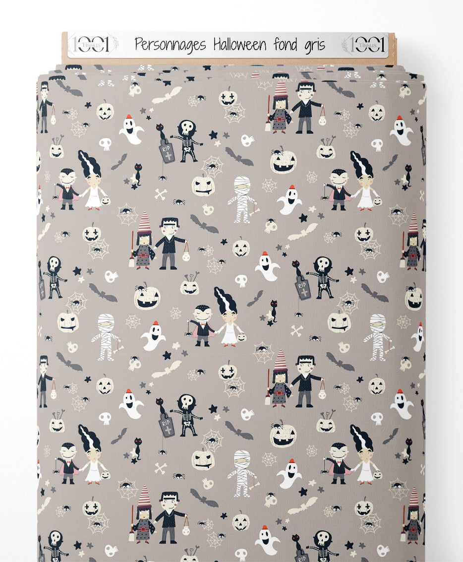 Tissu - Personnages Halloween sur fond gris