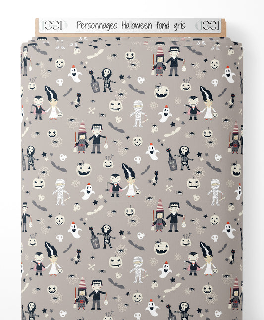 Tissu - Personnages Halloween sur fond gris