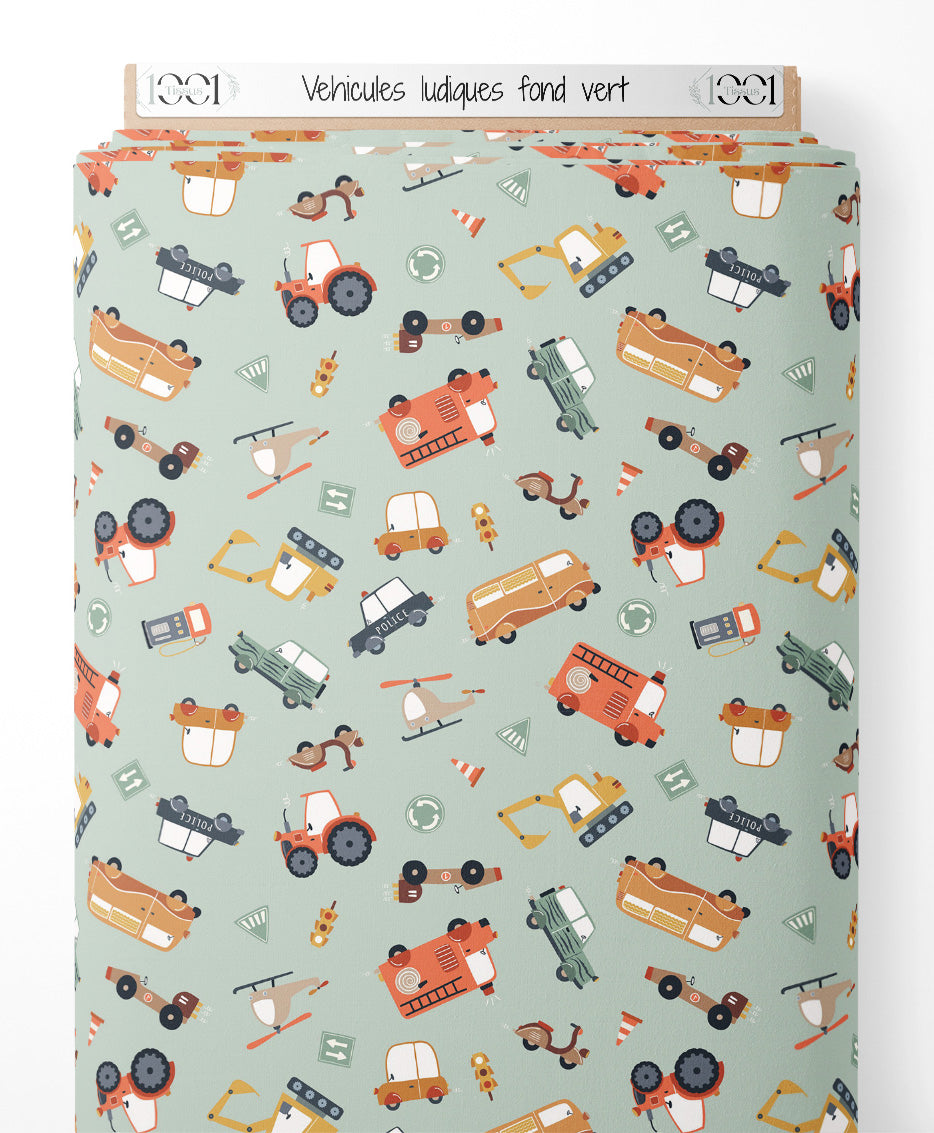 Tissu - Véhicules ludiques sur fond vert