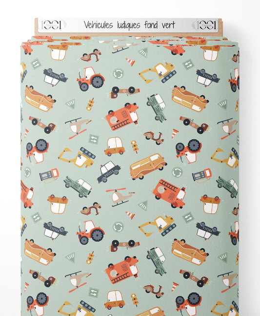 Tissu - Véhicules ludiques sur fond vert