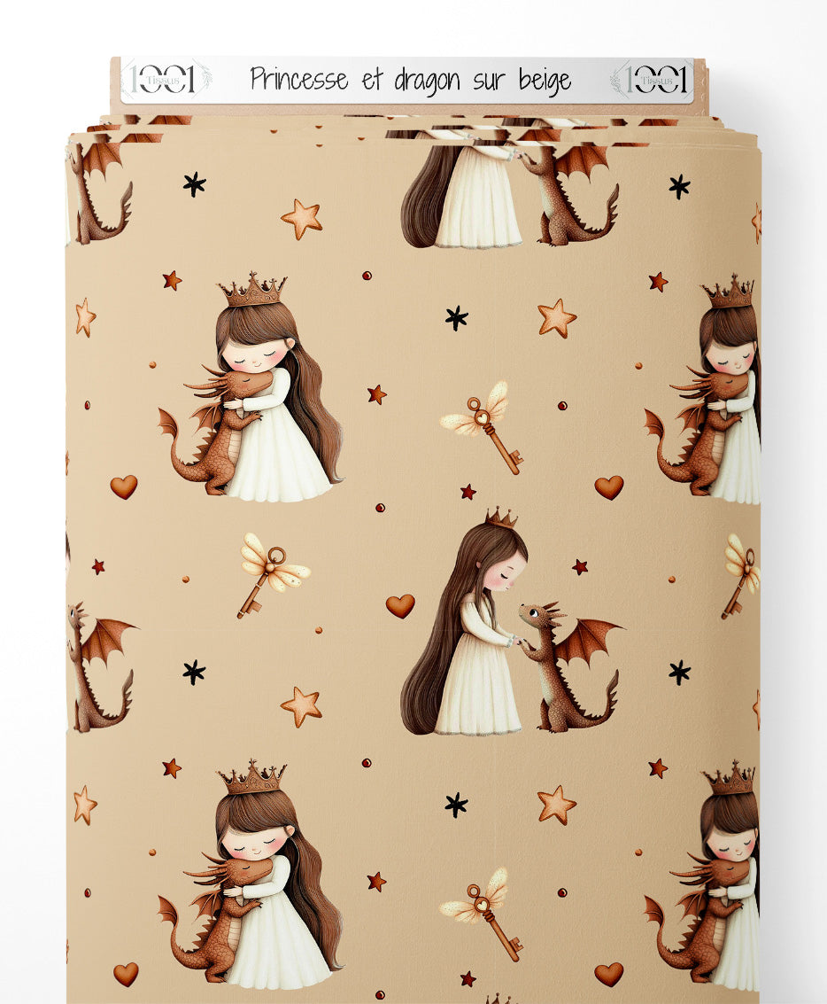 Tissu - Princesse et dragon sur beige