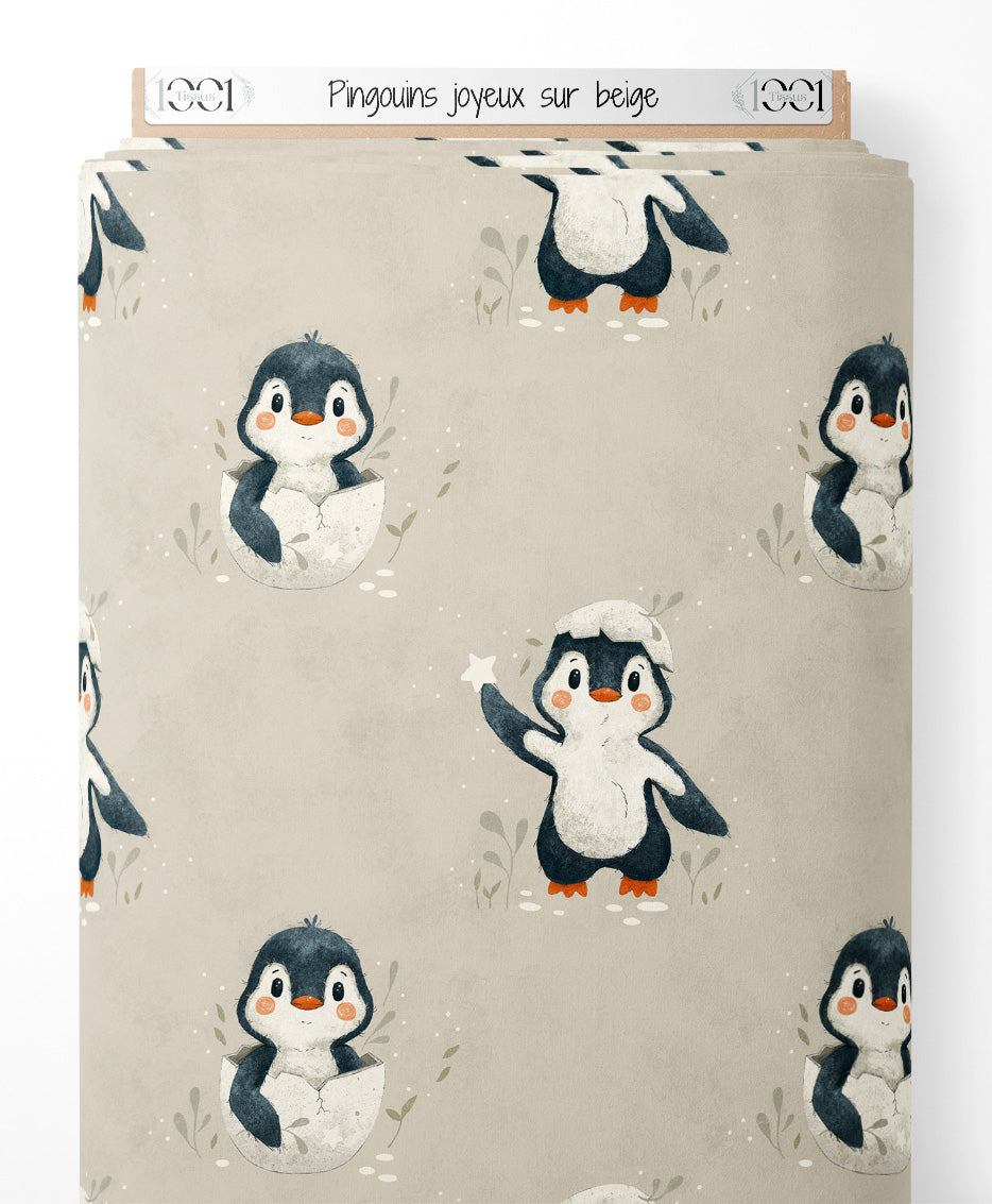 Tissu - Pingouins joyeux sur beige