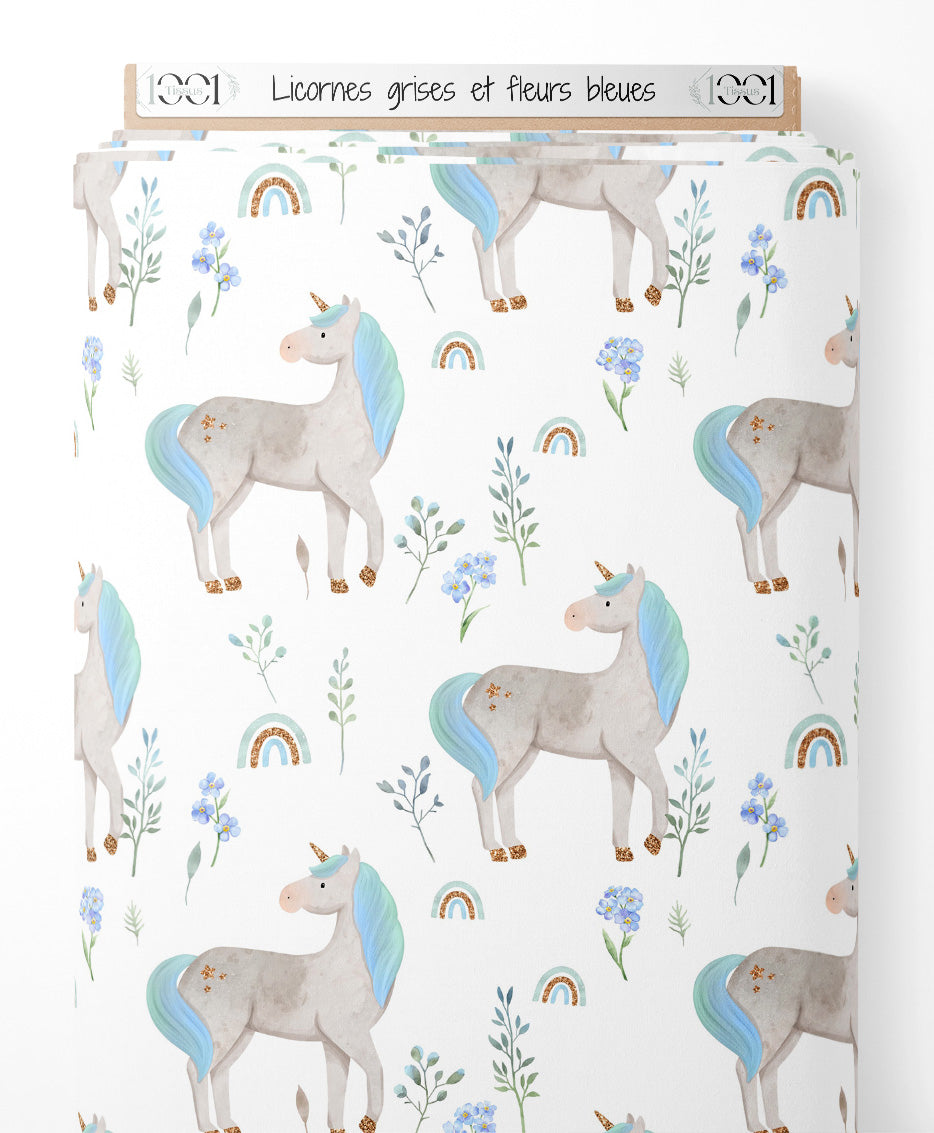 Tissu - Licornes grises et fleurs bleues