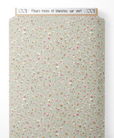 Tissu - Fleurs roses et blanches sur vert