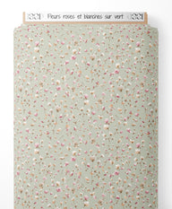 Tissu - Fleurs roses et blanches sur vert
