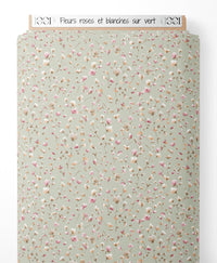 Tissu - Fleurs roses et blanches sur vert
