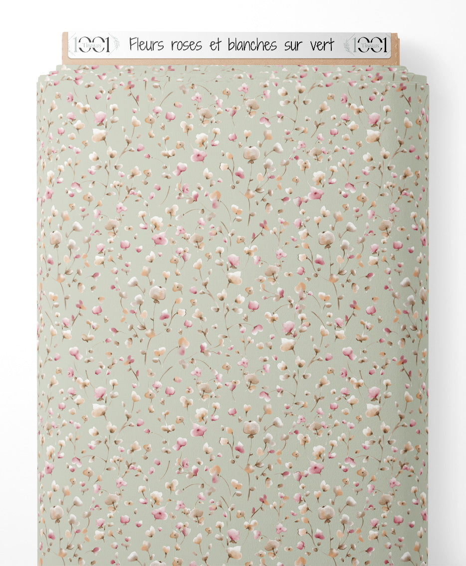 Tissu - Fleurs roses et blanches sur vert