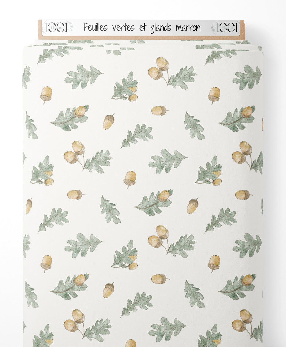 Tissu - Feuilles vertes et glands marron