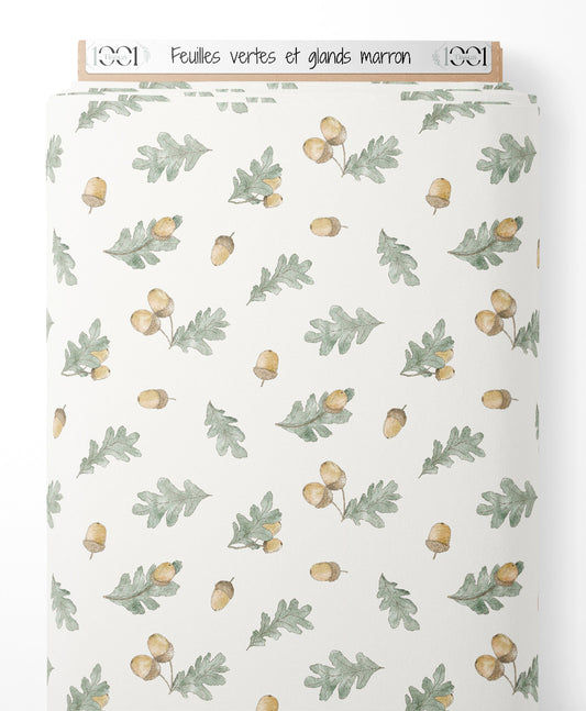 Tissu - Feuilles vertes et glands marron