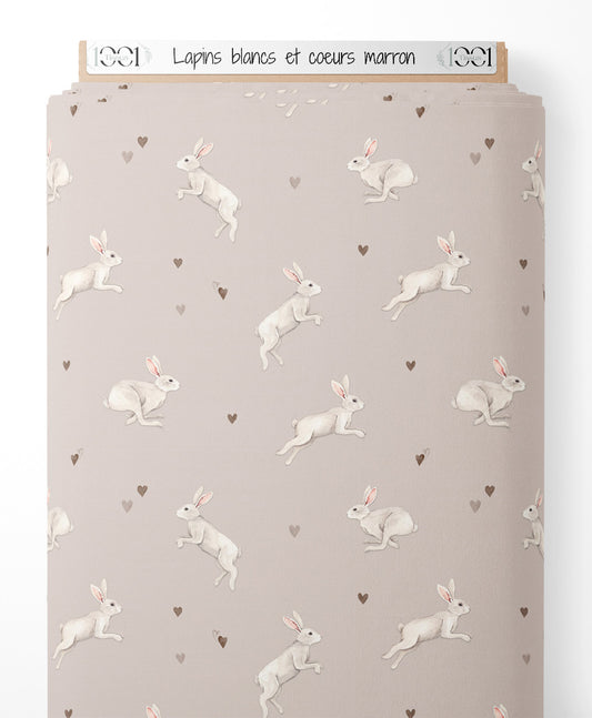 Tissu - Lapins blancs et cœurs marron